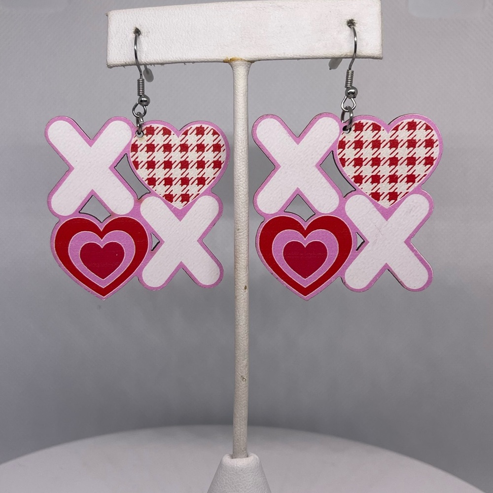 Valentine’s Day Red, pink, and white XO wooden painted earrings